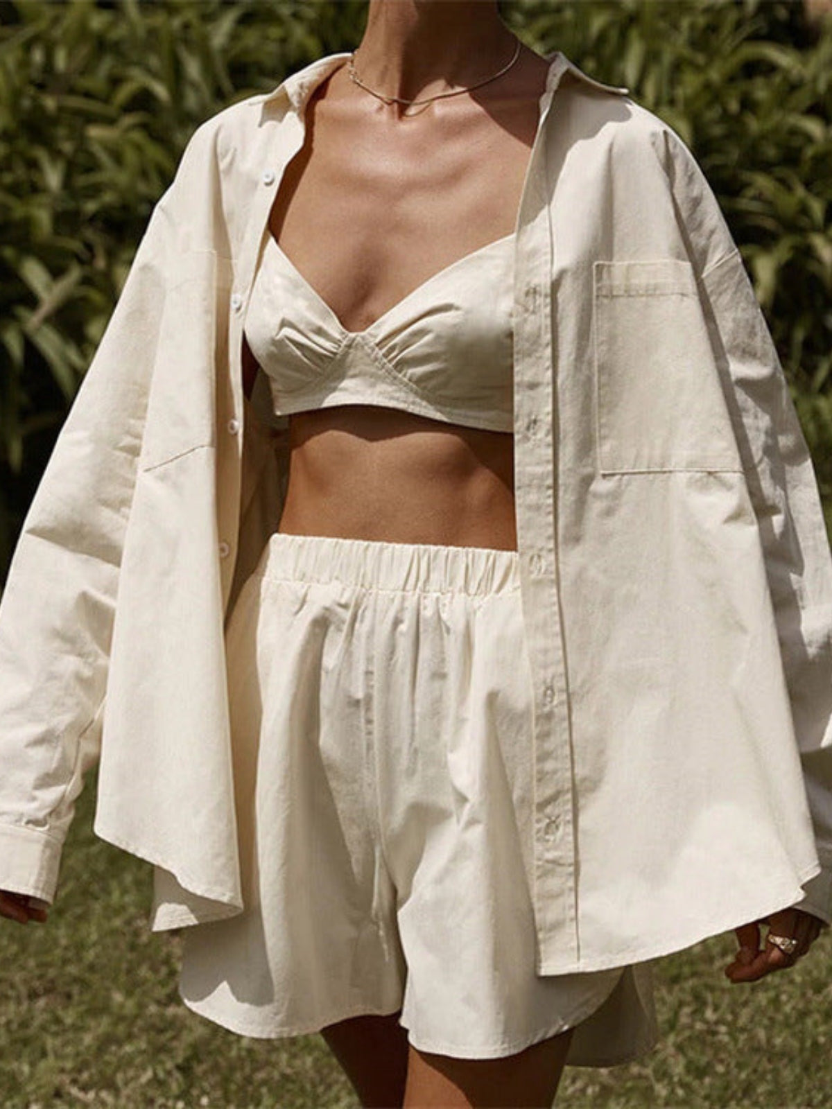 Single-breasted Long Sleeve Lapel Stripe Three Piece Shorts Set