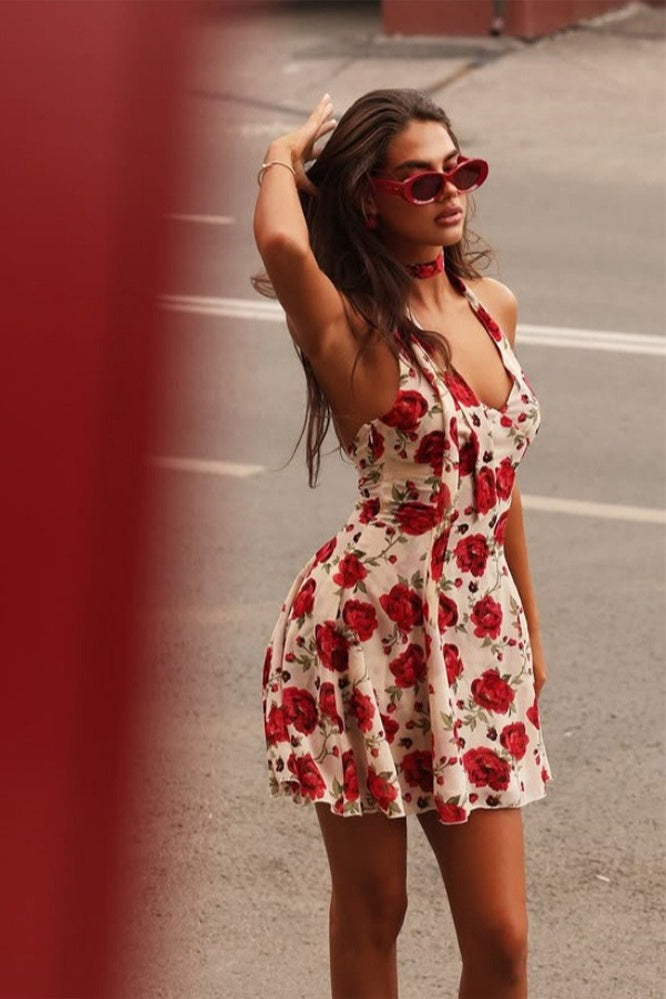 Print Halter Neck Tie Strap Deep V-Neck Backless Mini Dress