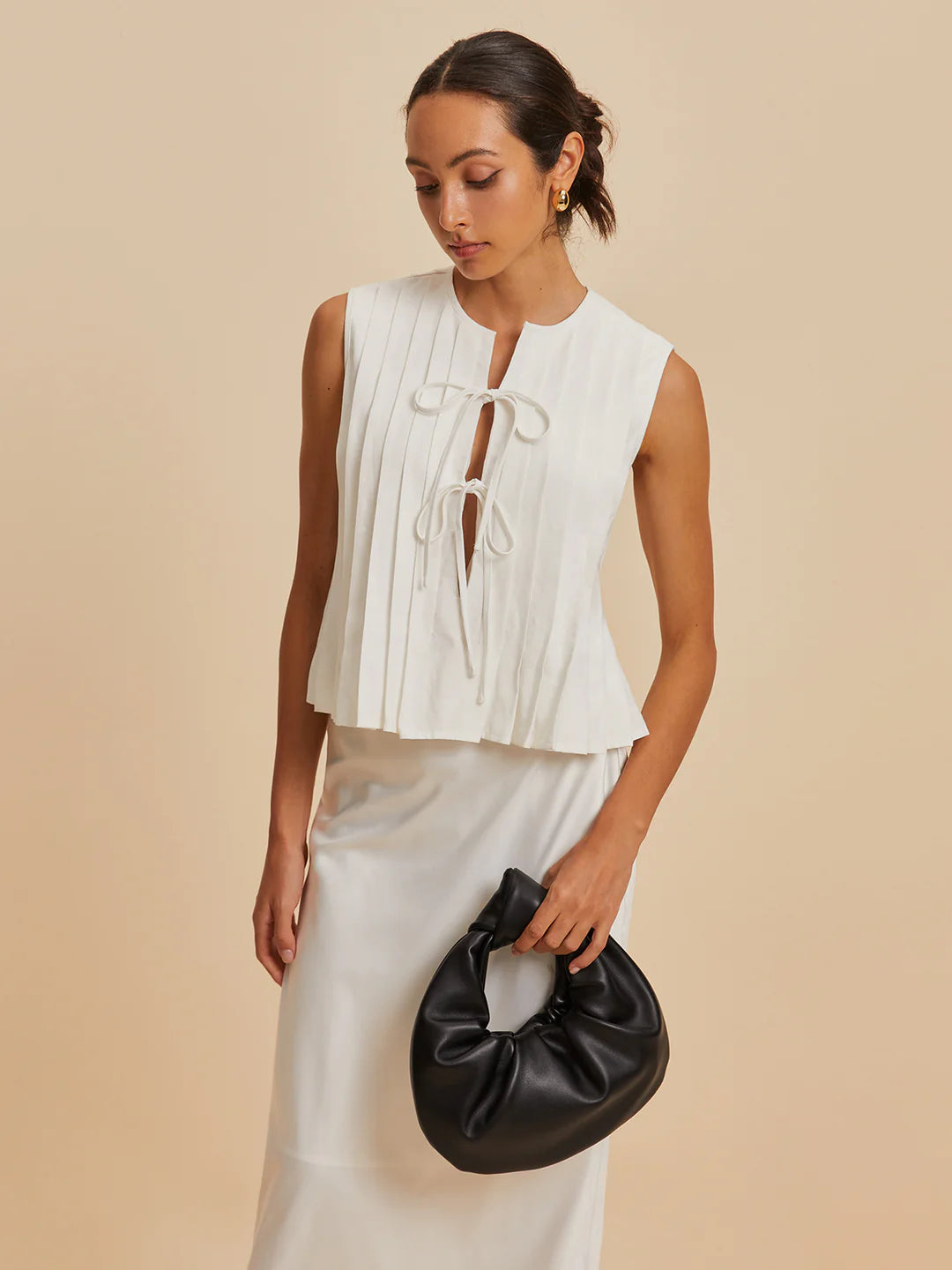Pleated Knotted Sleeveless Blouse