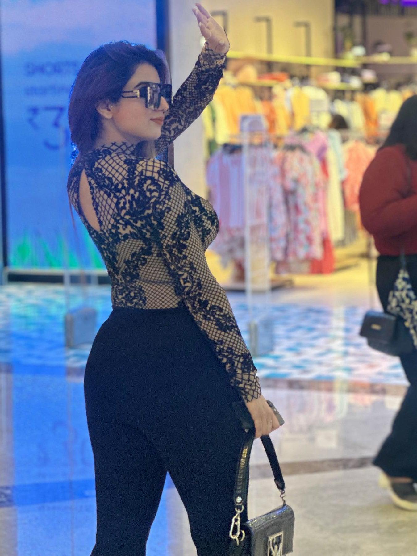 High Neck Mesh Velvet Bodysuit