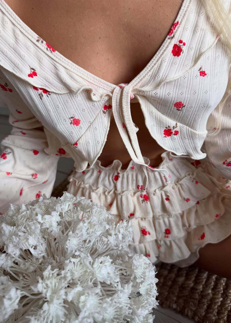 Floral Whirl - Ruffle Two-Piece Set with Tie Front Crop Top