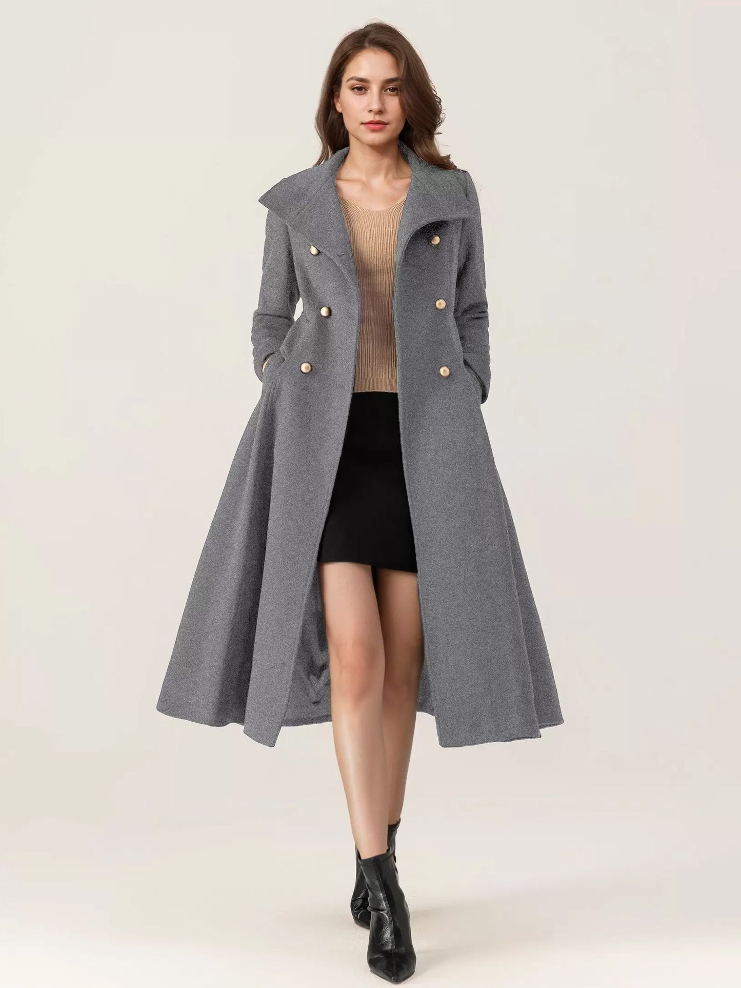 Woolen Flared Coat For Woman Stand Collar Dark Navy Vintage Double-breasted Winter Midi Outerwear 2026