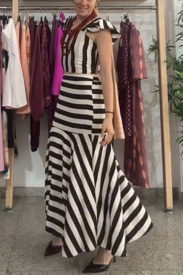 Rosha Striped Square Neck Ruffles Sleeve Smocked Top and High Rise Flare Skirt Set