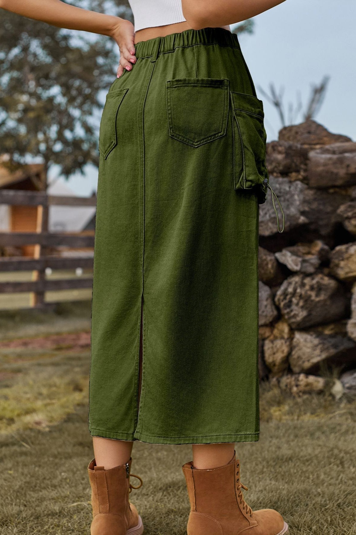 Vintage High-Waist Denim Cargo Midi Skirt