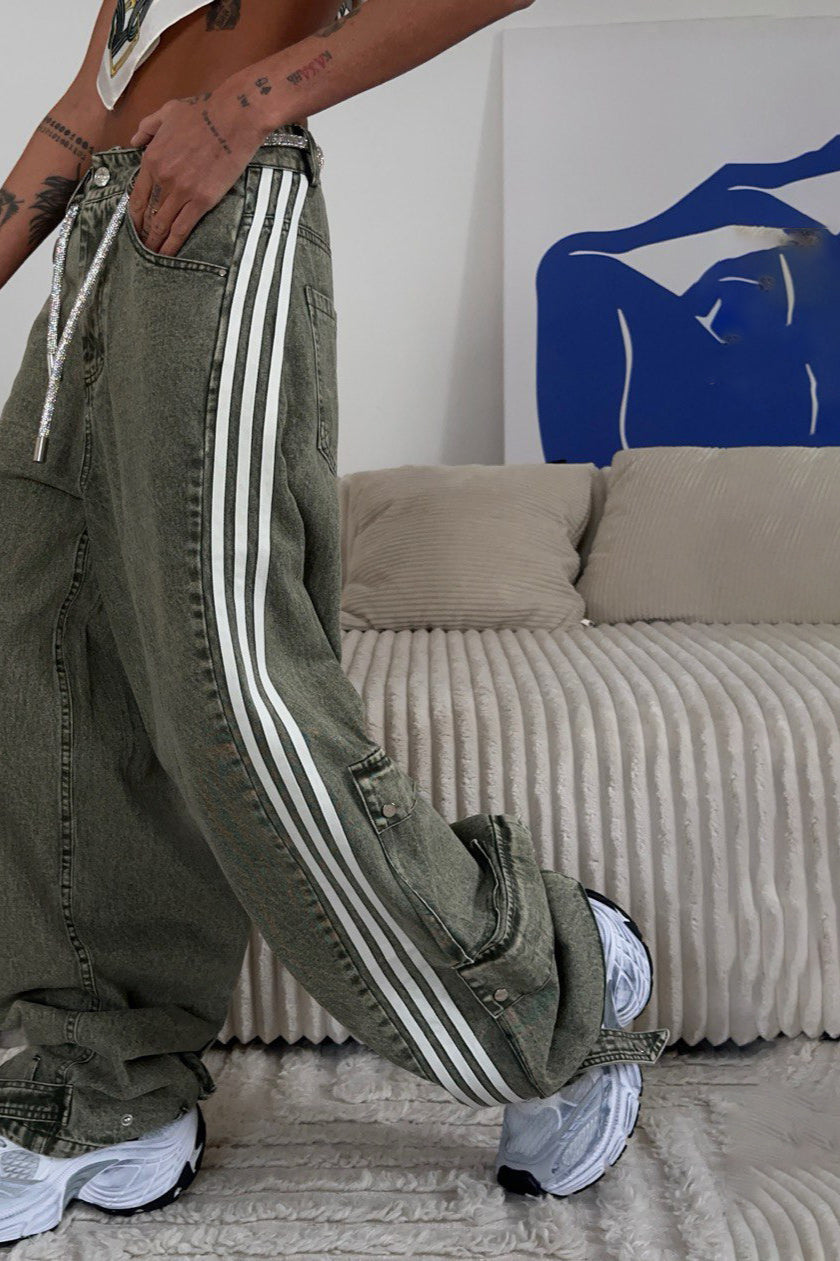 Striped Wide Leg Denim Trousers Pants