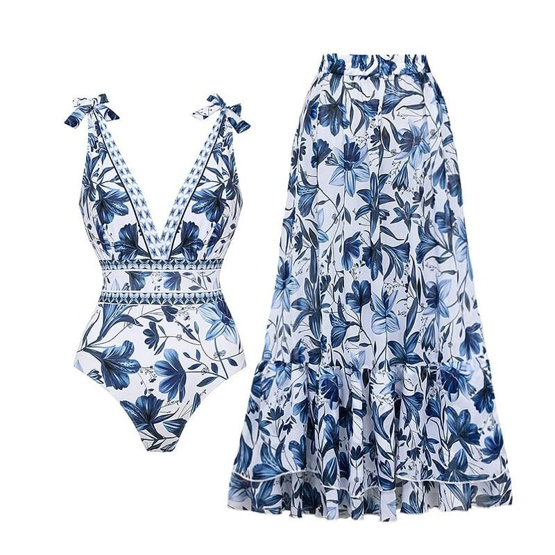 Blue Lagoon Bloom Set – Swimsuit & Skirt