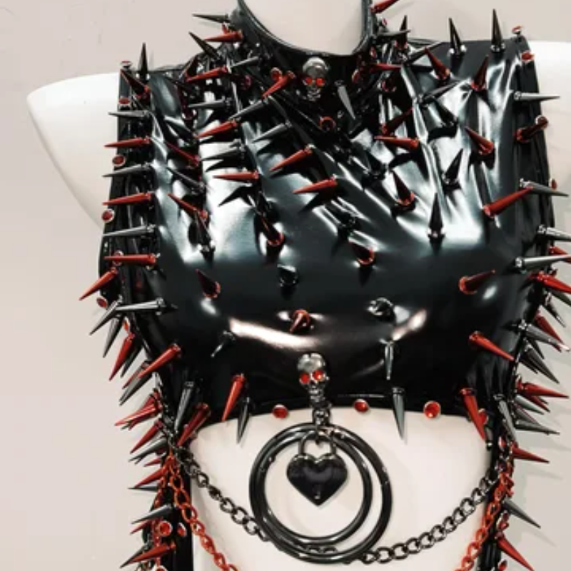 High neck rivet PU leather metal chain buckle bodysuit