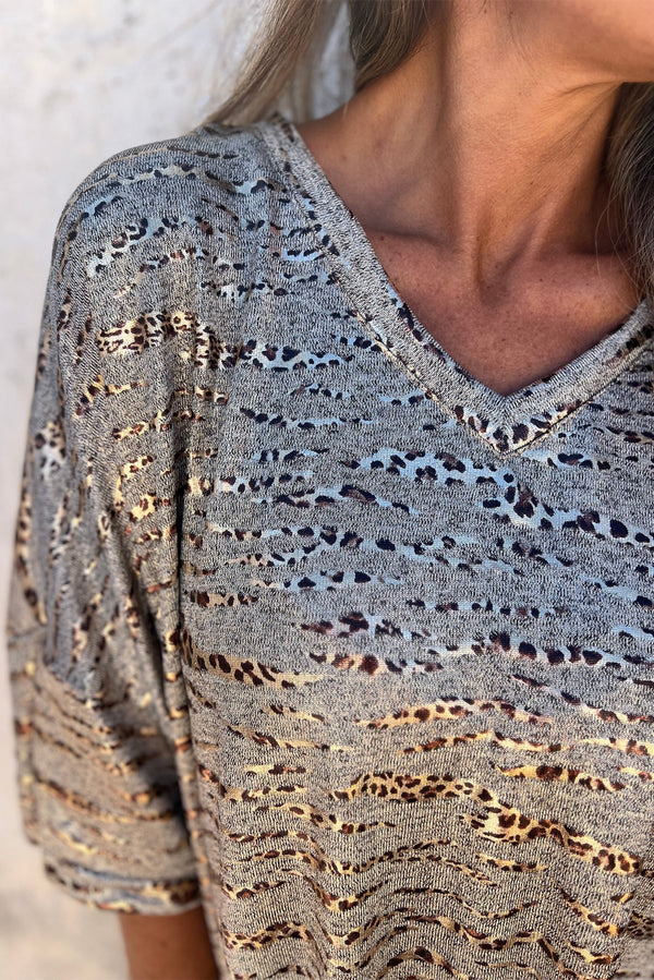 Gray Leopard Print 3/4 Sleeve V Neck Loose Fit T Shirt
