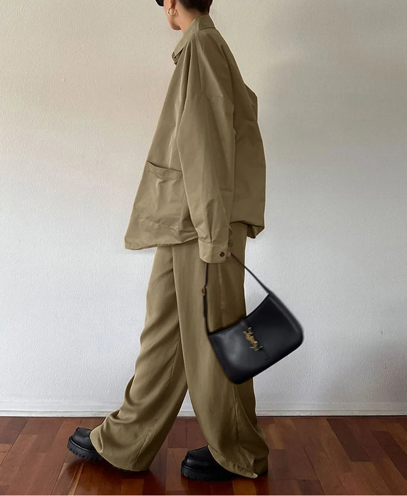 Brown Cotton High Waist Trousers Office Two Piece Set