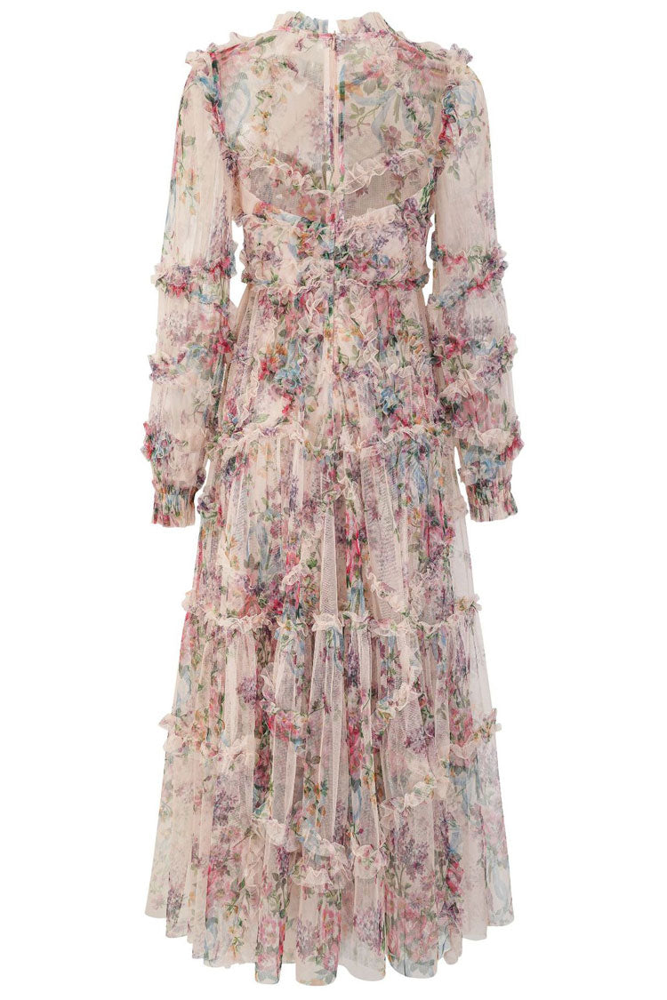 Mock Neck Bishop Sleeve Floral Tulle Tiered Ruffle Maxi Gown