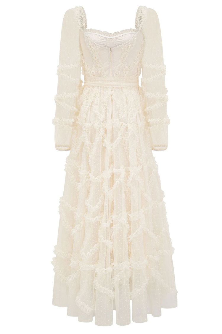 Sweetheart Swiss Dot Tulle Ruffle Tiered Bell Sleeve Belted Maxi Gown