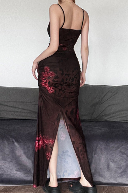 Vintage Spaghetti Strap Bodycon Retro Print Maxi Dress