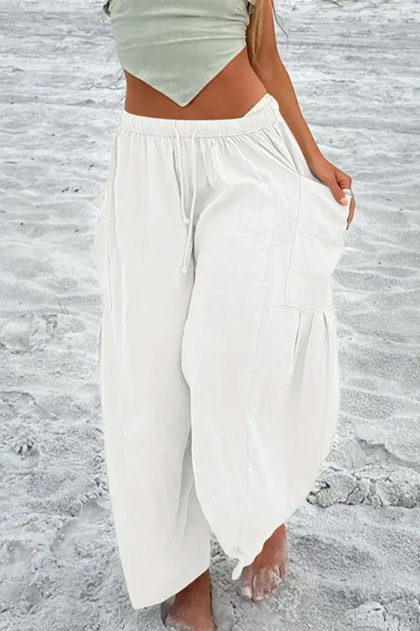 Elastic-waist Pleated Wide-leg Loose Cotton Linen Trousers