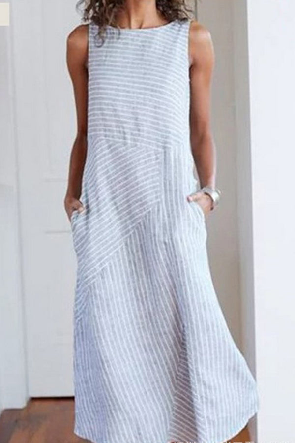Striped Round Neck Sleeveless Oversized Fitted Dress