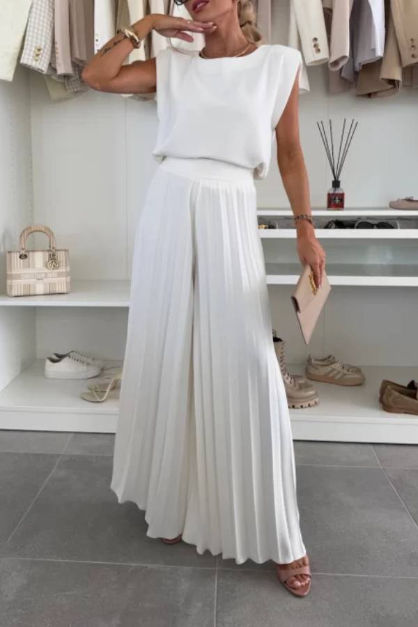 Fashionable Round Neck Shoulder Pads Top and Elastic Waist Pleated Wide-leg Pants Set
