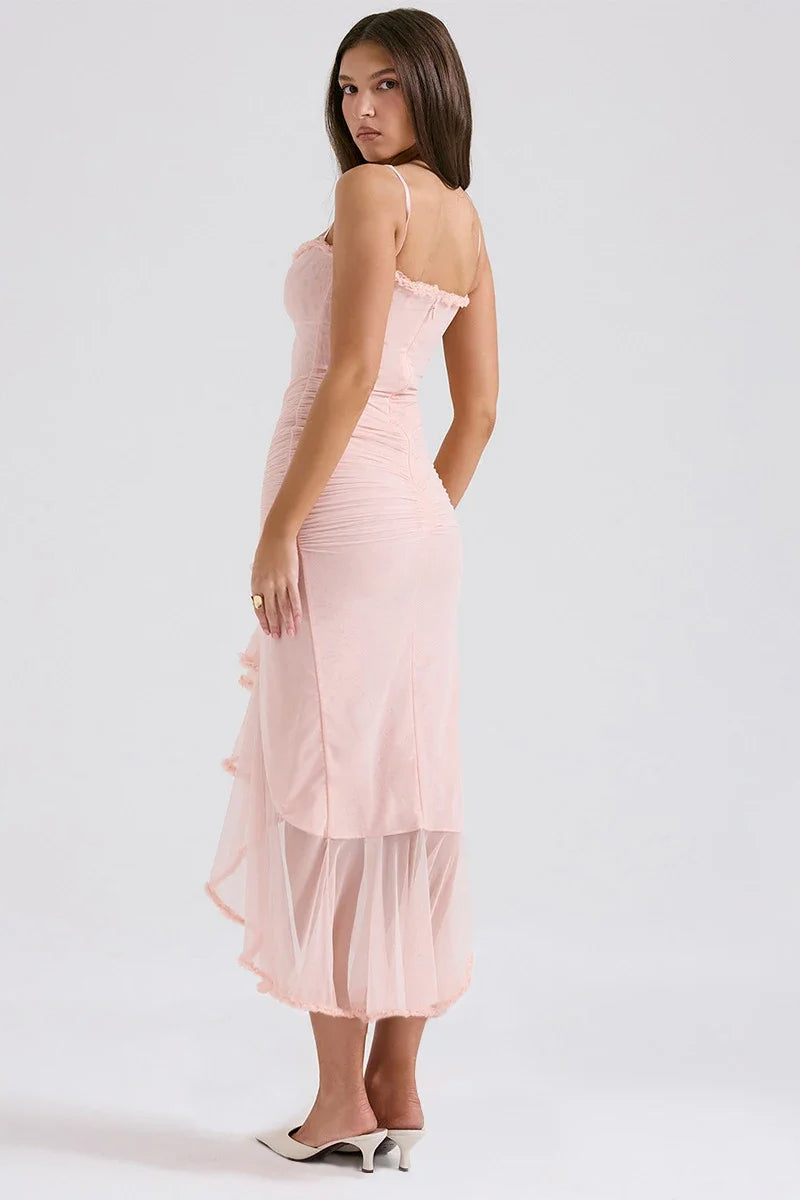 Mesh Ruched Keyhole Cut Out Spaghetti Strap Ruffle Trim High Split Midi Dress