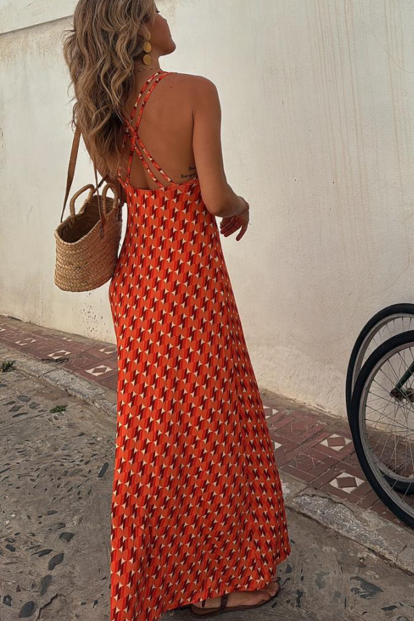 Orange Short Sleeve Regular Print Long Suspender Dress