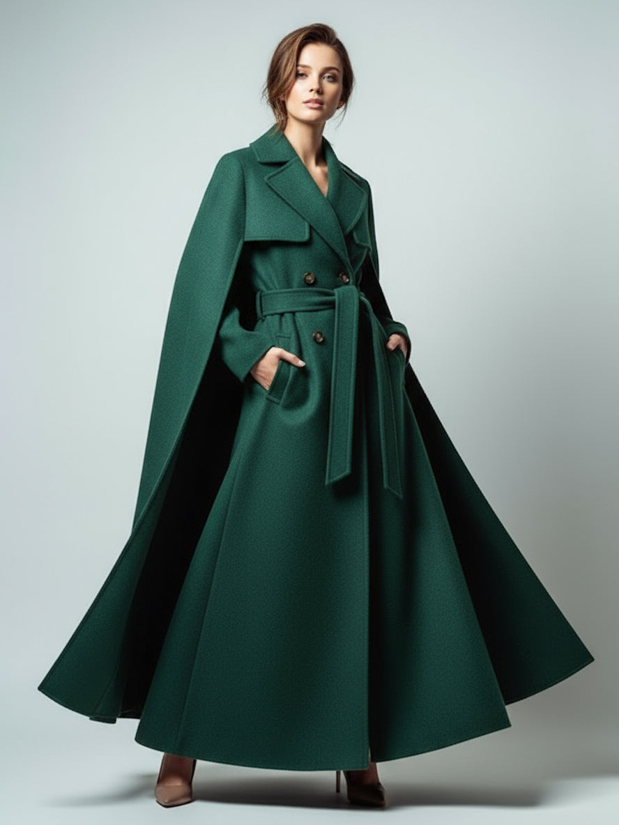 Maxi Double-breasted Woolen Coat With Detachable Cape And Belt For Women 2026