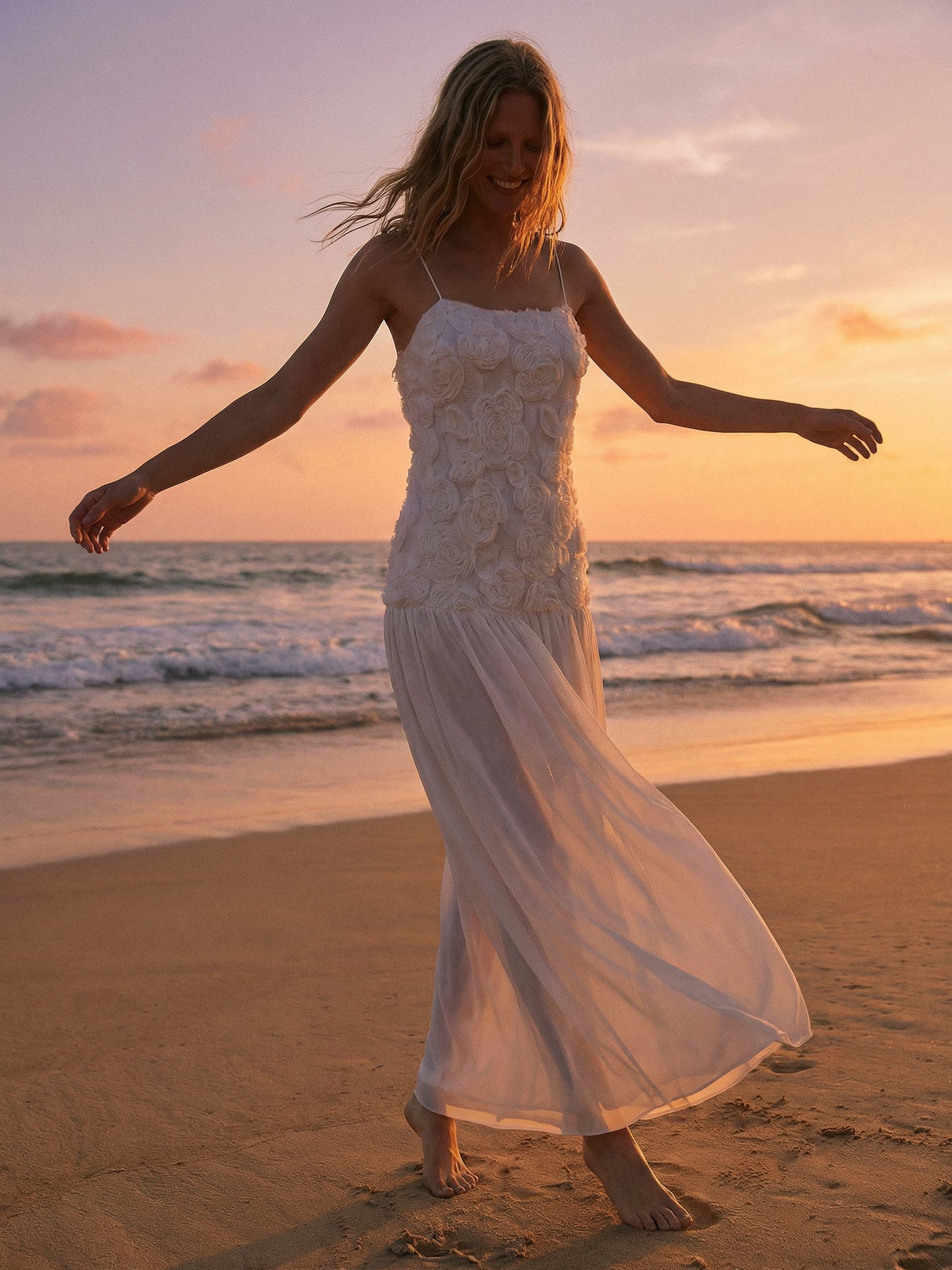 3D Floral Cami Maxi Dress for Women - Boho Rosette Bodice Flowy Spaghetti Strap Gown - Summer Beach Resort 2026