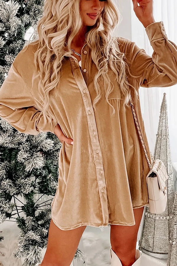 Flaxen Velvet Button Front Shirt Mini Dress