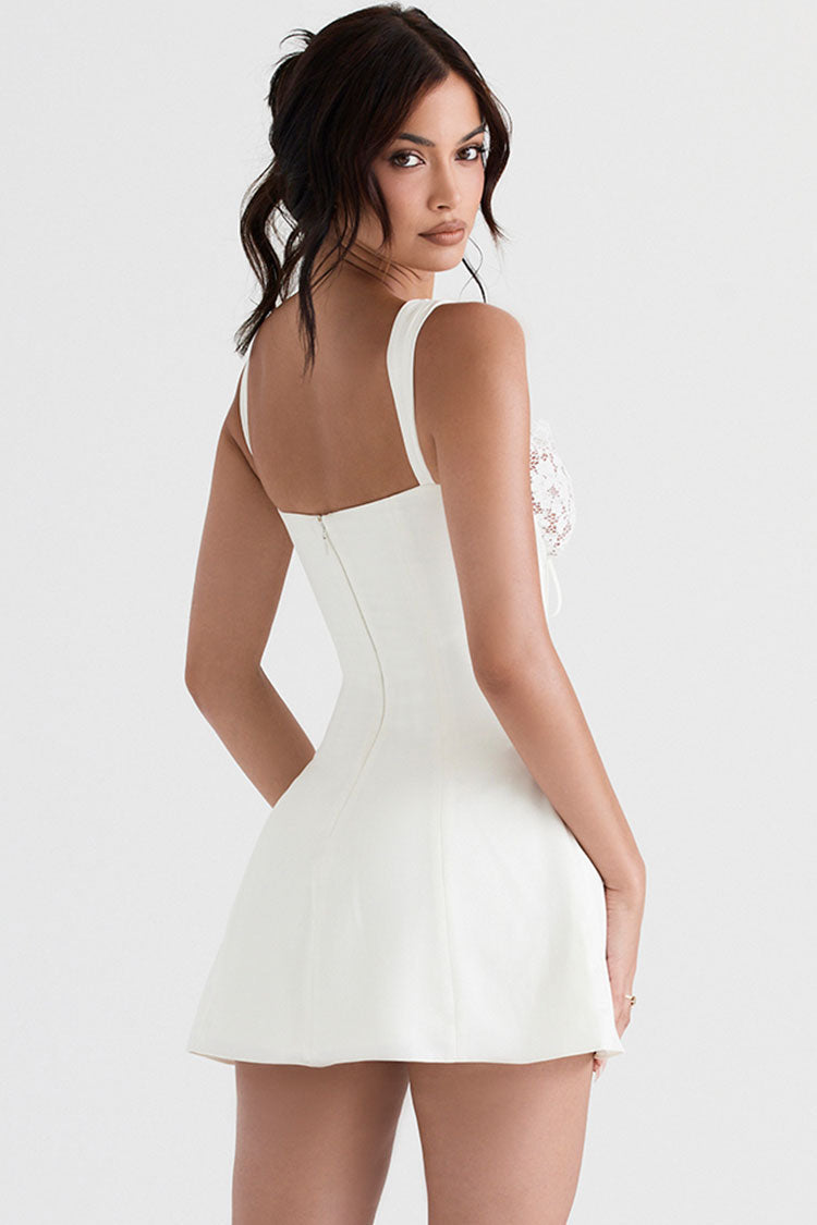 Sweetheart Lace Trim Tie Front Spaghetti Strap Satin Mini Dress