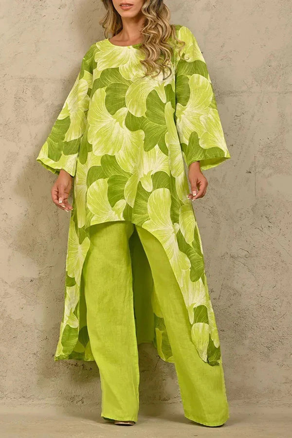 Exquisite Floral Print Crew Neck Paneled Pant Suit