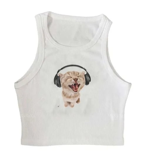 Cat Music Print Ribbed Tank Top
