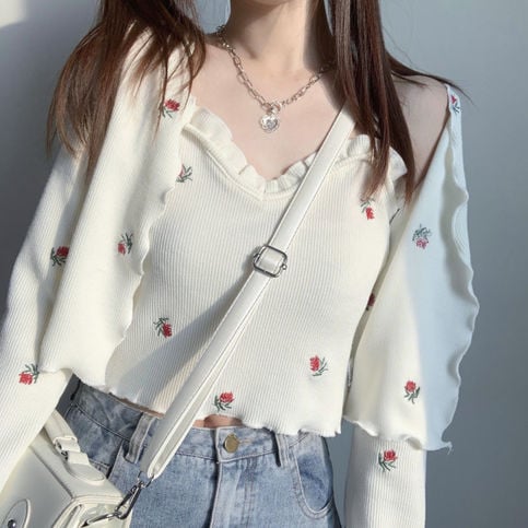 2PCS Floral Print Knit Camisole + Cardigan