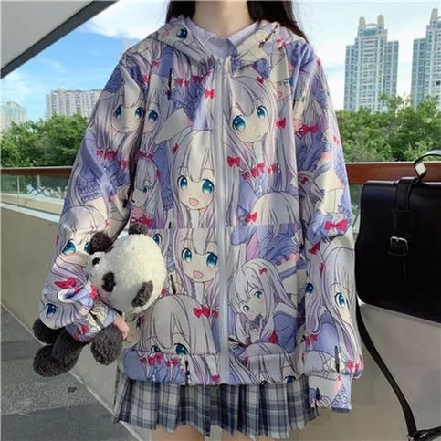 Cute Anime Girl Zip Up Hoodie Jacket Jumper Sweatshirt Long Sleeve Shirt Aesthetic Casual E-Girl Kawaii Korean Japanese Harajuku