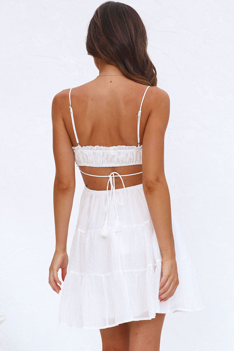 Tie Neck Ruffle Tier Side Cut Out Ruched Tiered Mini Dress