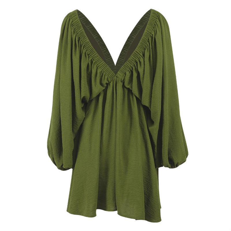 Crinkle Texture Lantern Sleeve Deep V-Back Ruffle Hem Babydoll Mini Dress