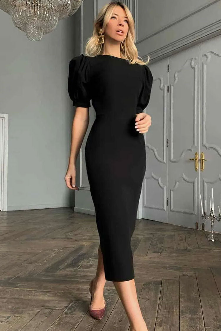 Round Neck Puff Sleeve Bodycon Midi Dress