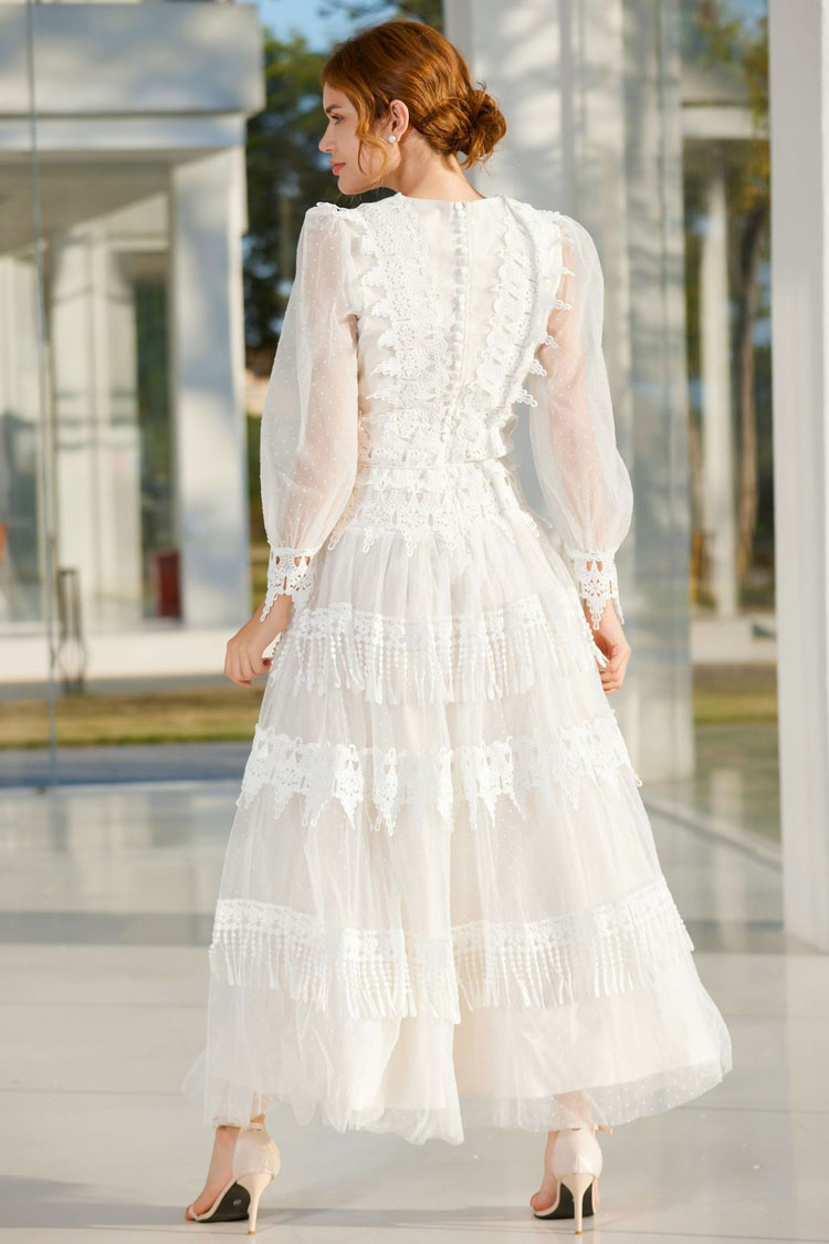 Lace Trim Swiss Dot Puff Sleeve Tiered Fringe Tulle Maxi Dress