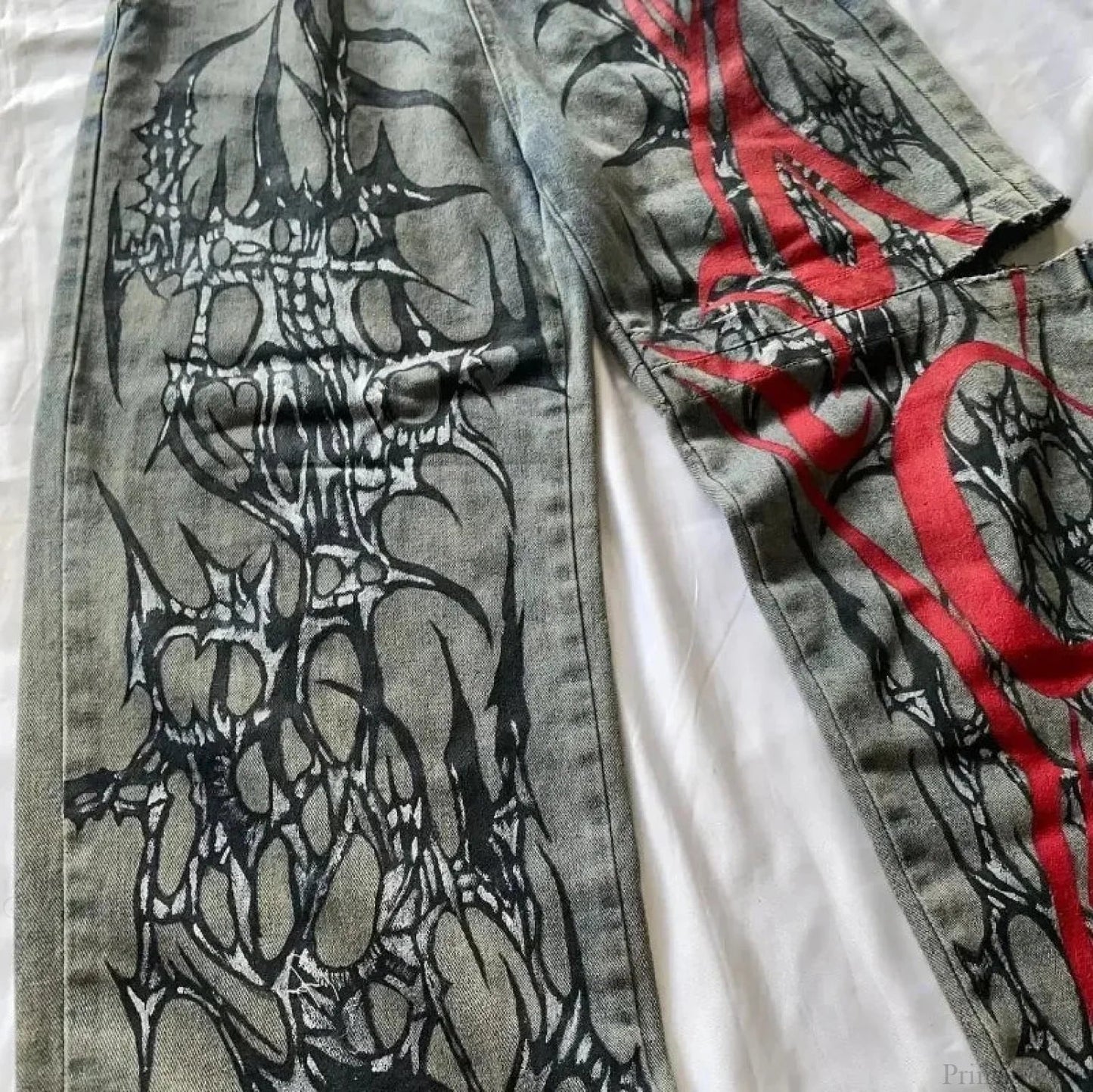 High-Street Printed Wide-Leg Denim Pants