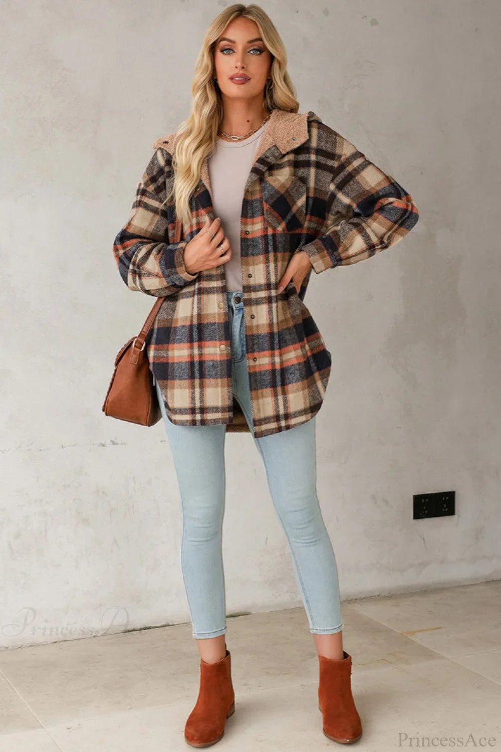Hooded Long Sleeve Plaid Print Fleece Lined Coat