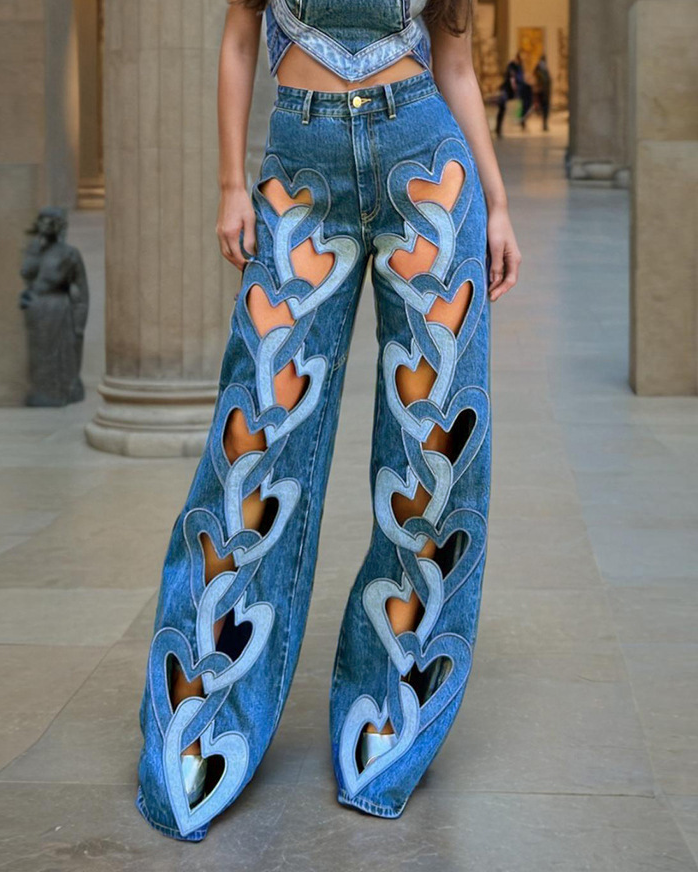 High Waisted Printed Cutout Wide Leg Jeans