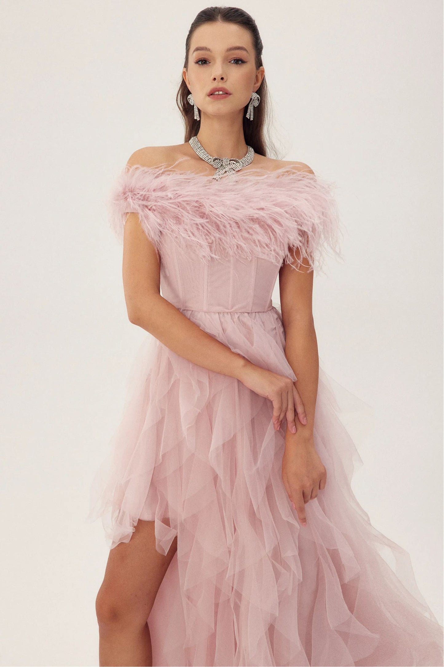 Elaine Feather Corset Maxi Tulle Dress