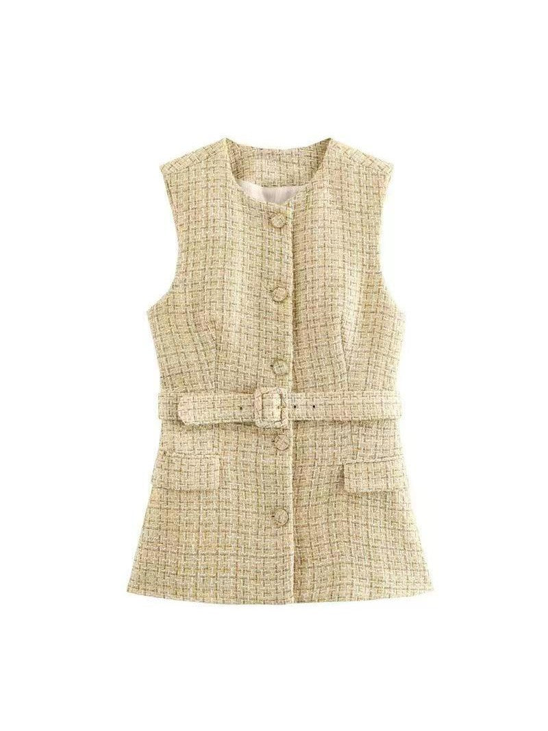 Tweed Long Vest Jacket With Belt