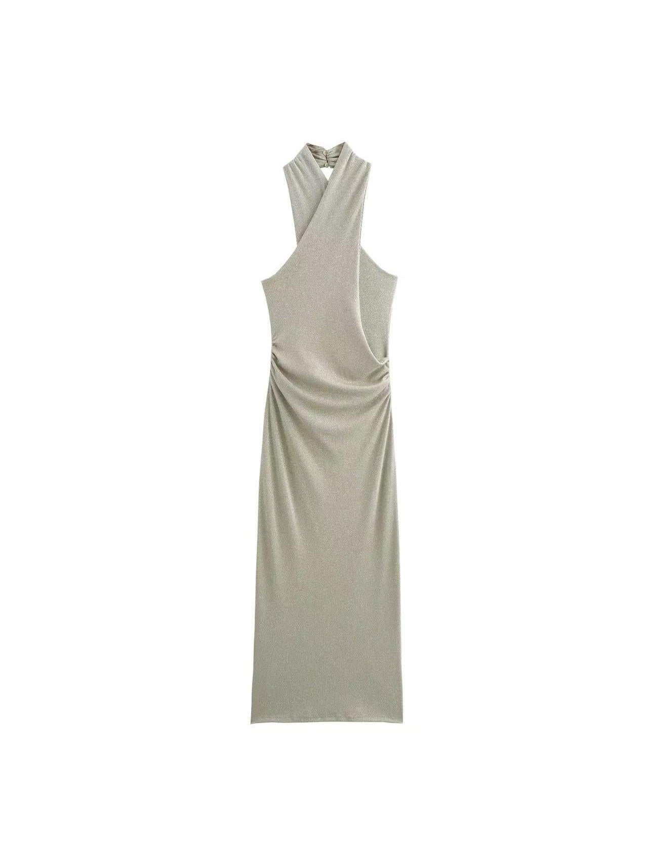 Shimmer Halterneck Ruched Maxi Dress