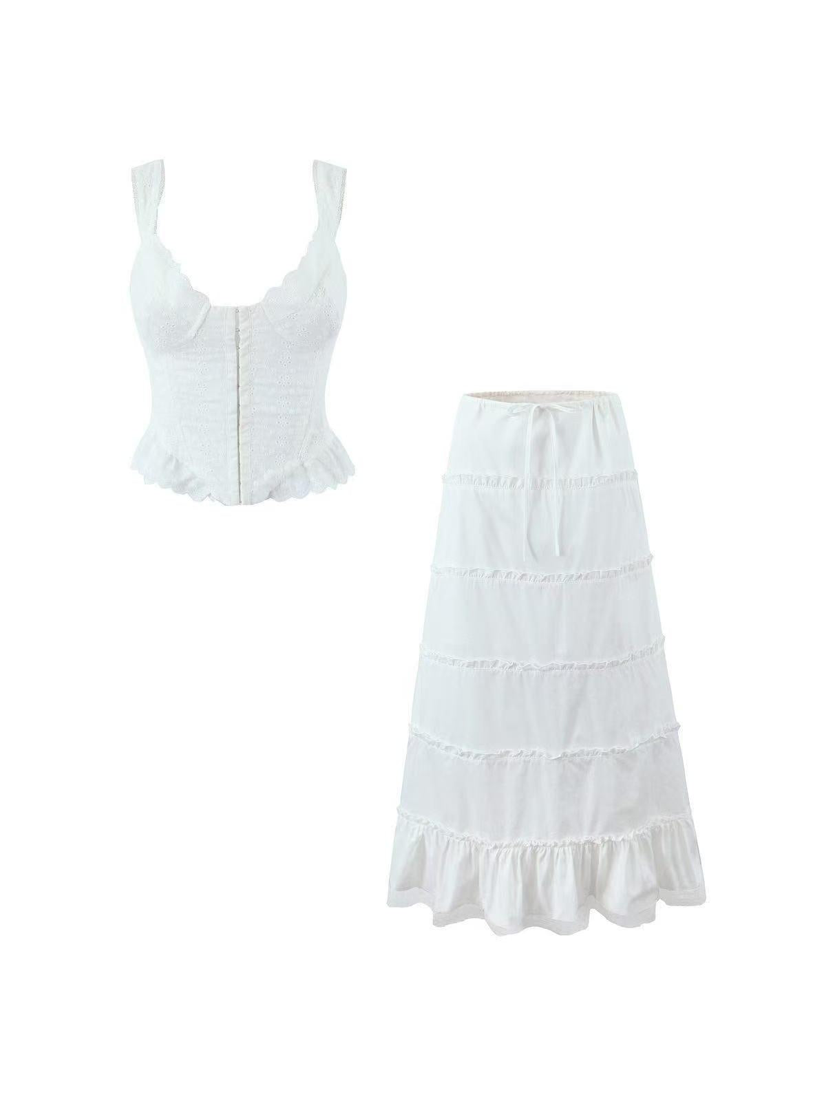 White Cotton Ruffle Cami Top & Skirt Coord Set