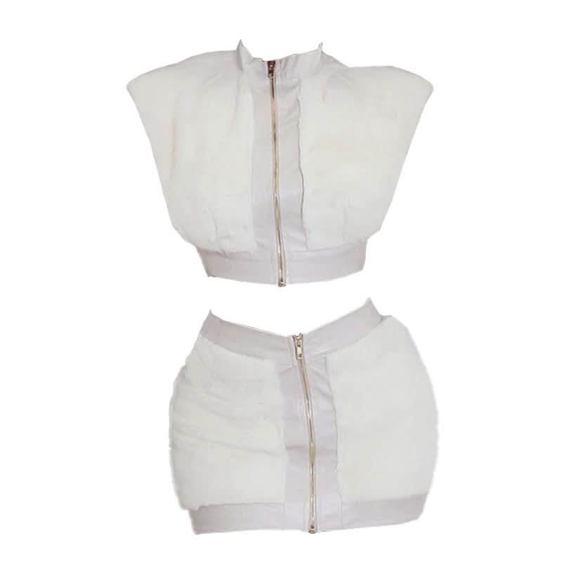 Cap sleeve fluffy PU leather patchwork zip-up mini skirt set