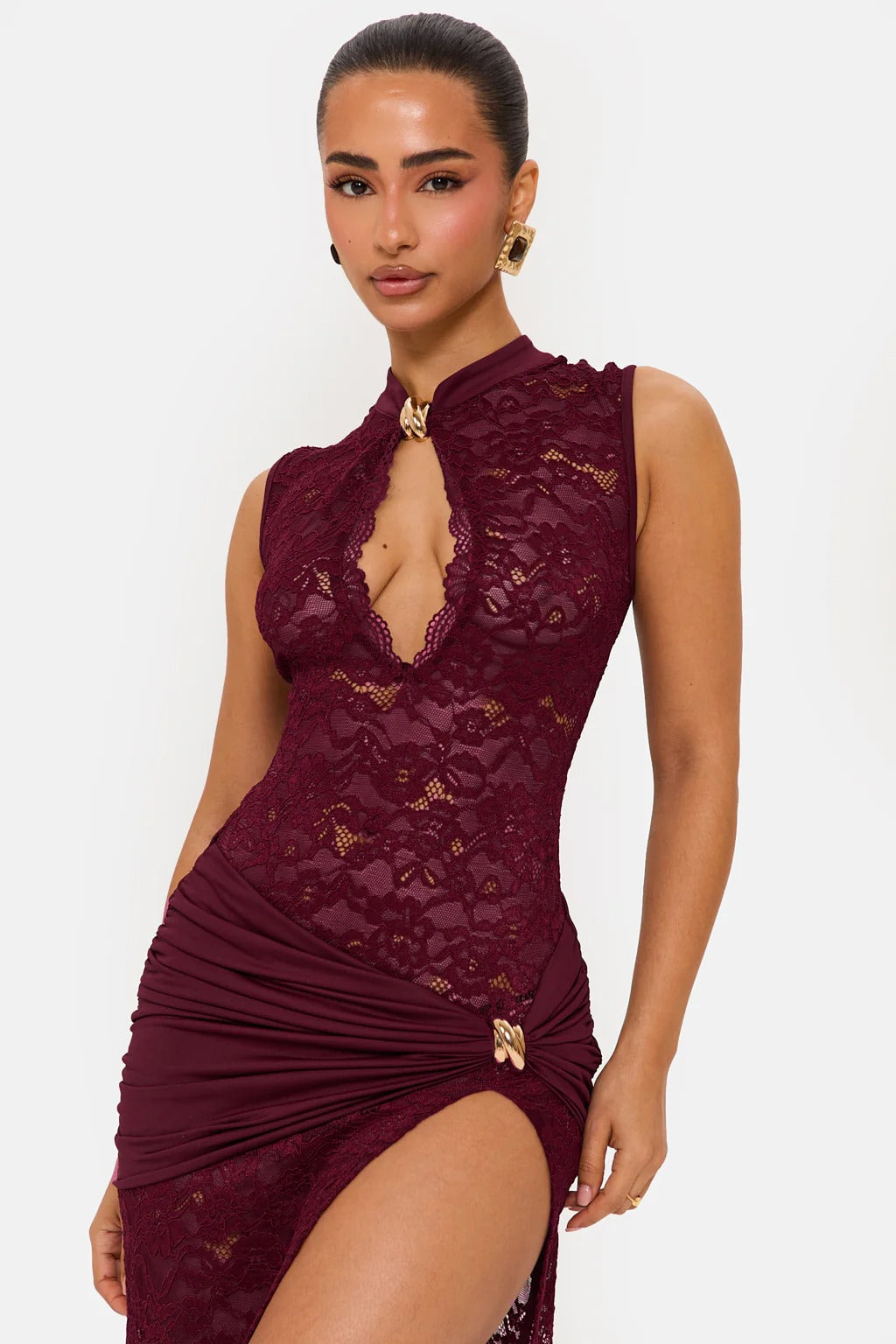 High Neck Lace Keyhole Cutout Draped Waist Thigh Slit Maxi Dress
