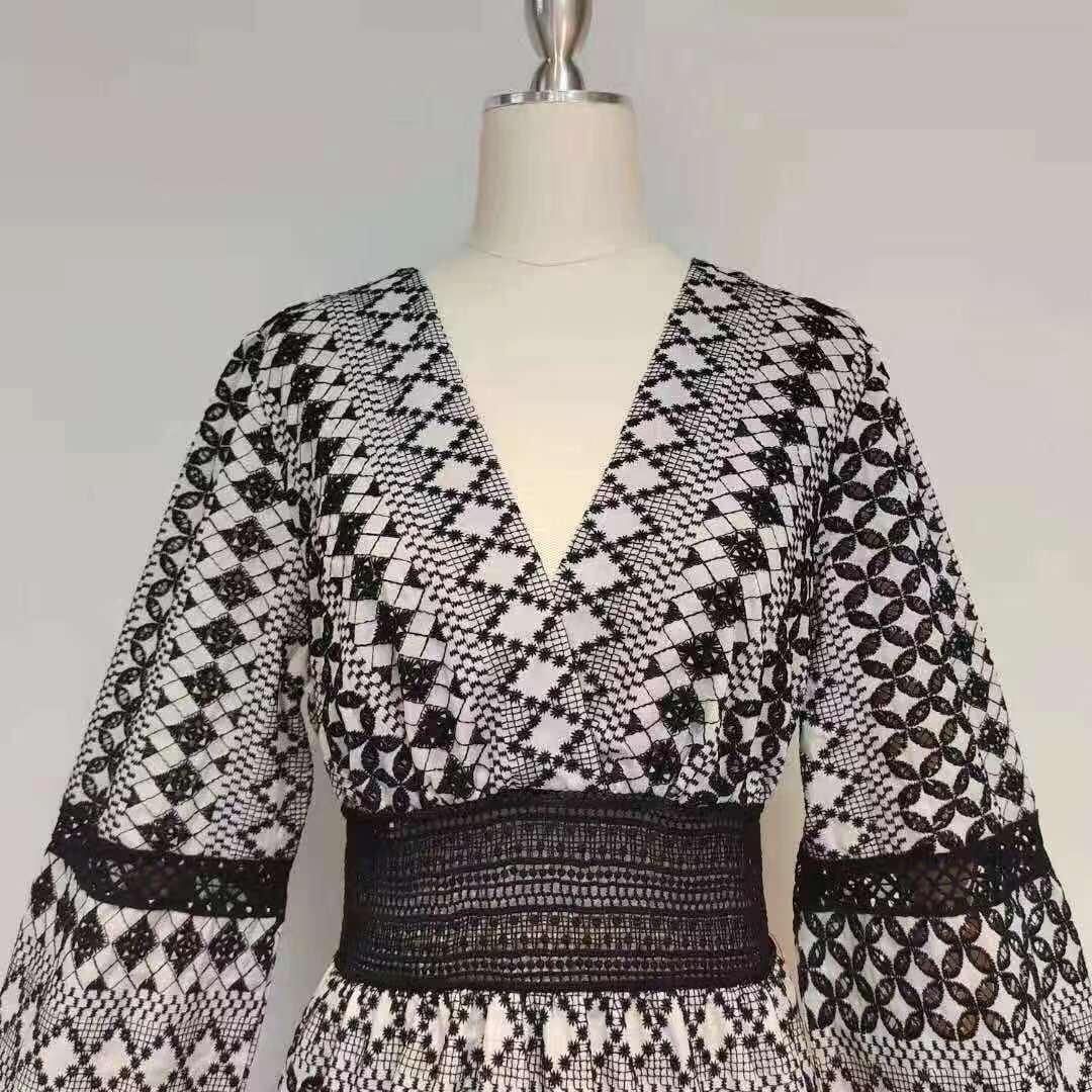 Geometric Print Deep V-Neck Balloon Sleeve Lace Cuff Mesh Waist Tiered Mini Dress