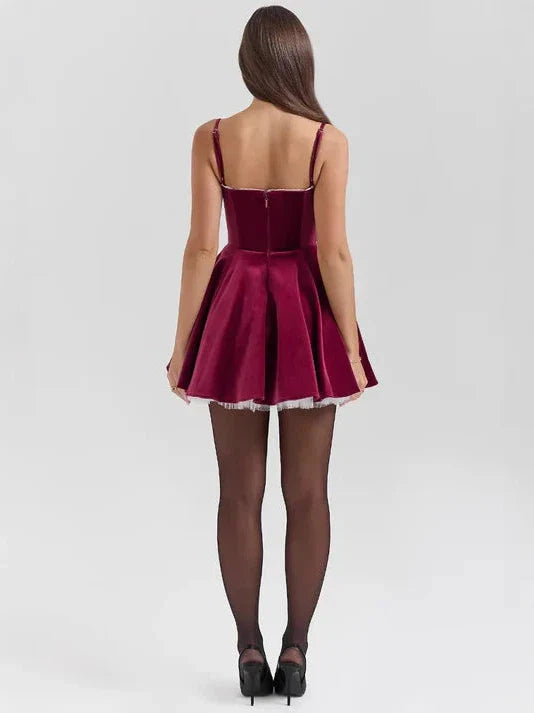 Spaghetti Strap Velvet Flare Short Dress