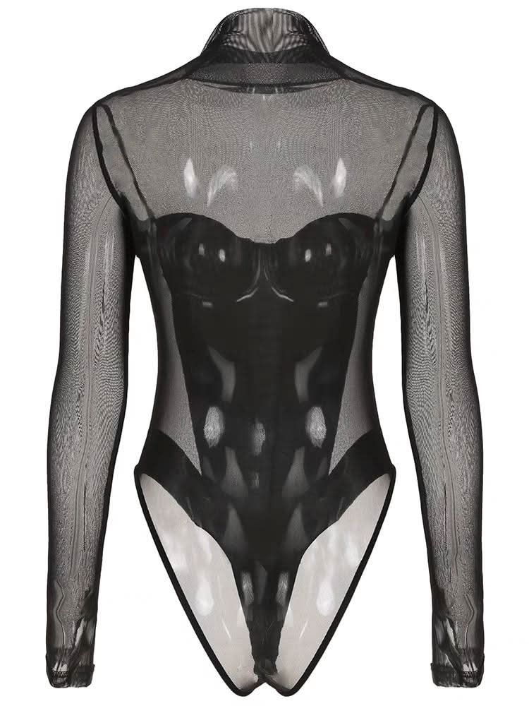 High neck long sleeve mesh bustier bowknot bodysuit