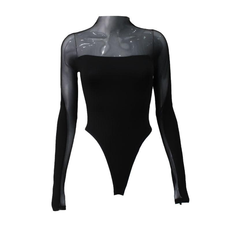 Long sleeve high neck mesh patchwork bodysuit
