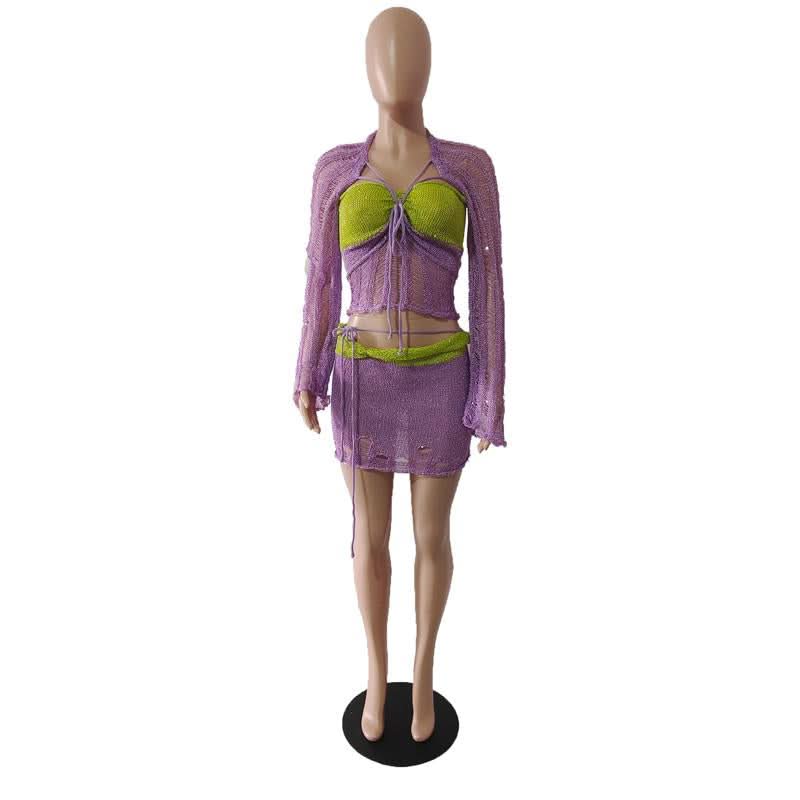 Glitter knitted long sleeve hollow out 3 piece mini skirt set