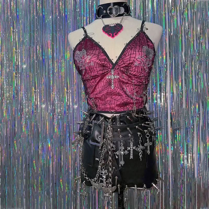 Metal chain PU leather rivet applique zip-up mini skirt