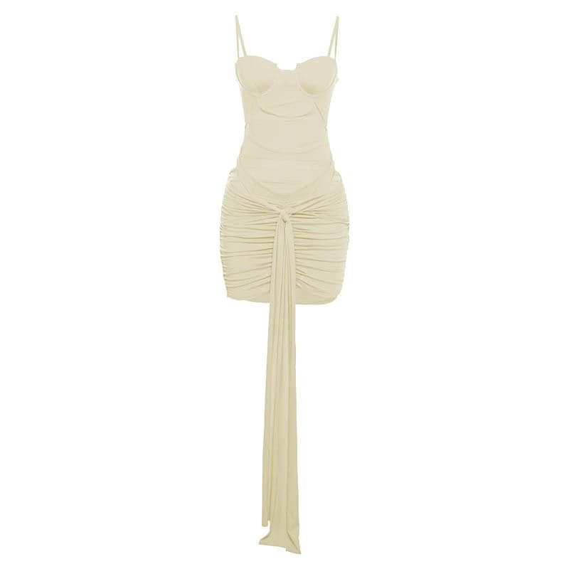 Hollow out solid ruched low cut self tie cami bodysuit mini skirt set-final-sale