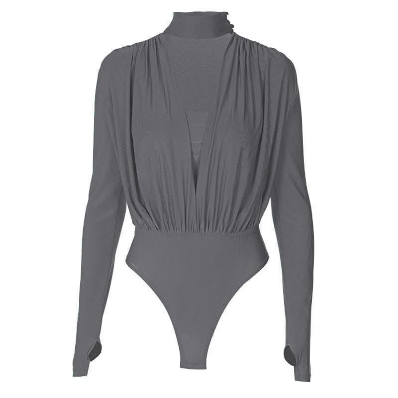 V neck solid ruched gloves high neck long sleeve bodysuit-final-sale